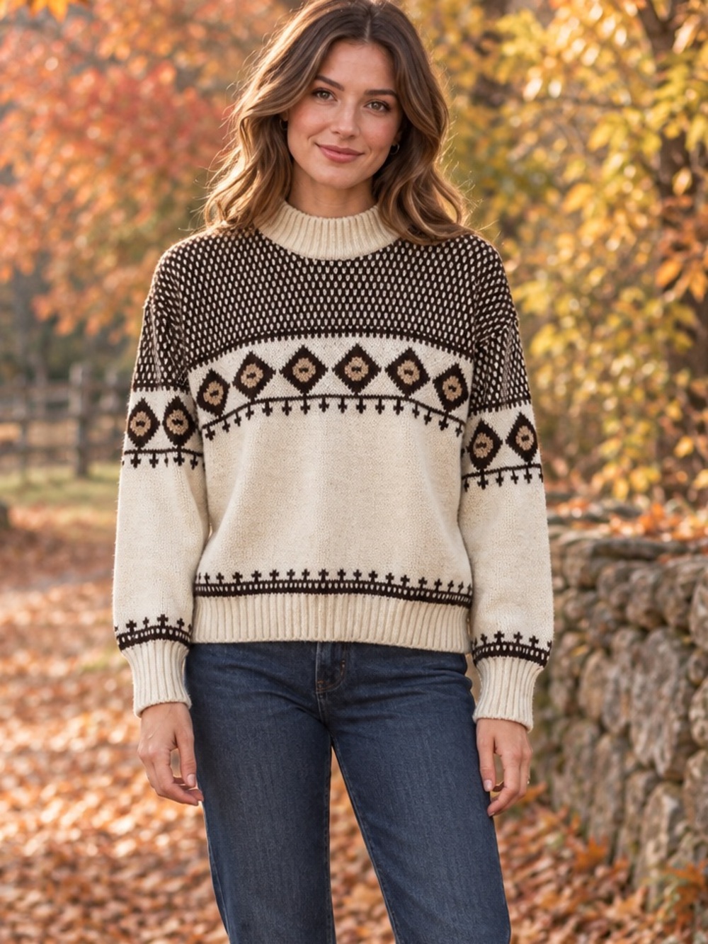 Vintage St Michael Fair Isle Nordic Mock Neck Sweater UK Chest 36